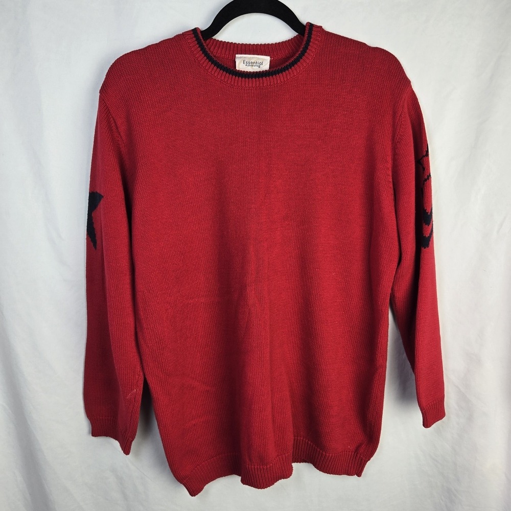 Vintage 80s Essential Elements Nautical Cotton Sweater Med Cherry Red‎ Military